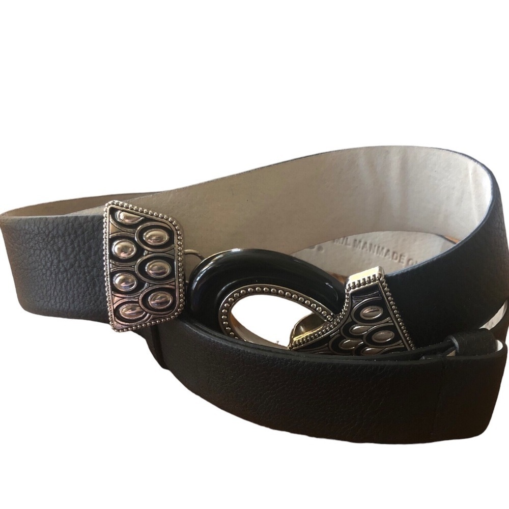 Chico’s Statement Silver Black Metal Buckle Adjustable Black Leather Belt M/L